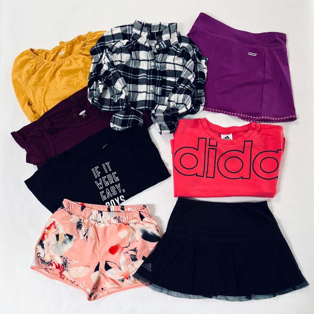 Lot of 8 Adidas Ideology Old Navy Danskin Active skirts, Tops, shorts Sz 7-8 M